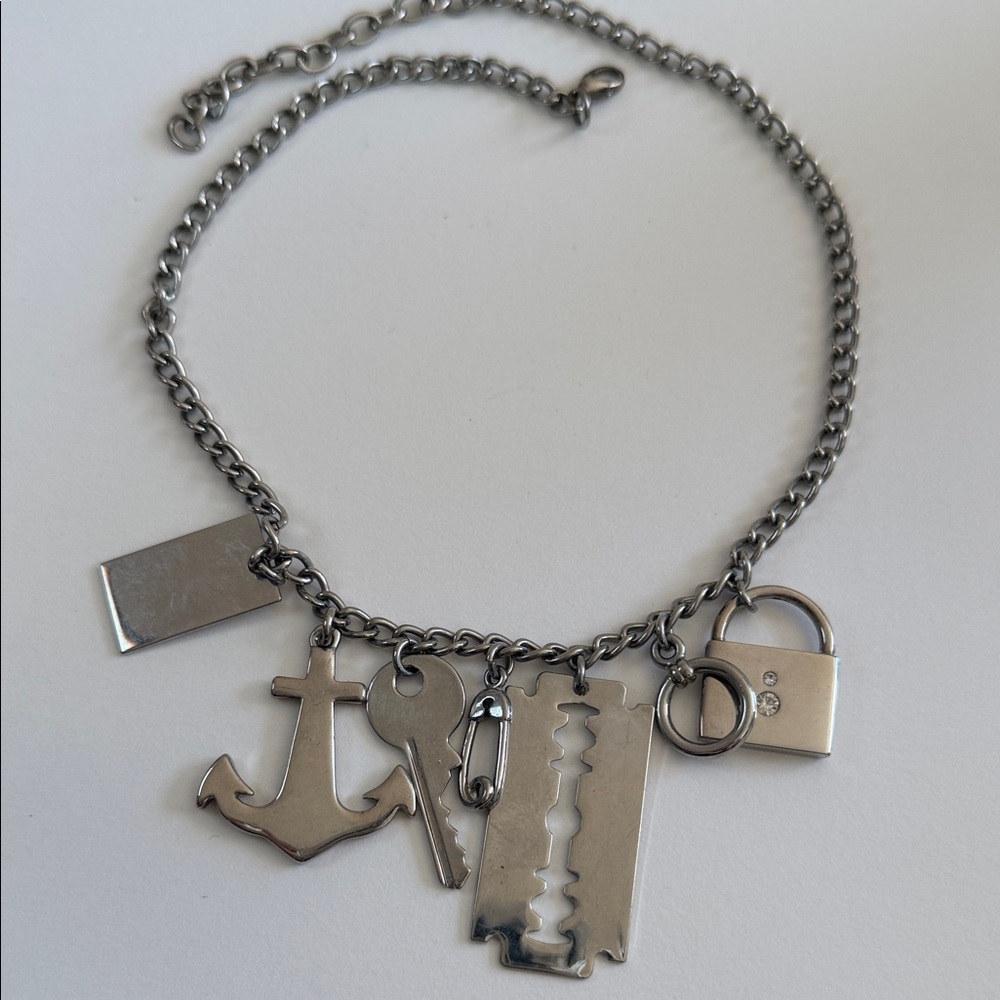 Silver Charm Necklace with Anchor and Lock